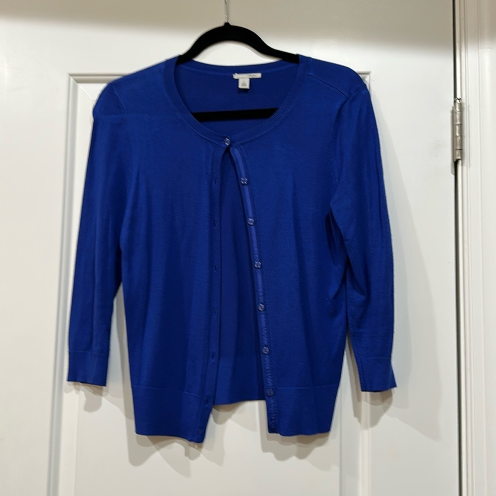 Halogen Bright Blue Cardigan Sweater with Ribbed Trim Size Small.